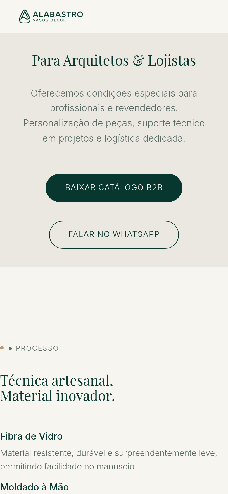 Bloco B2B mobile do site Alabastro.