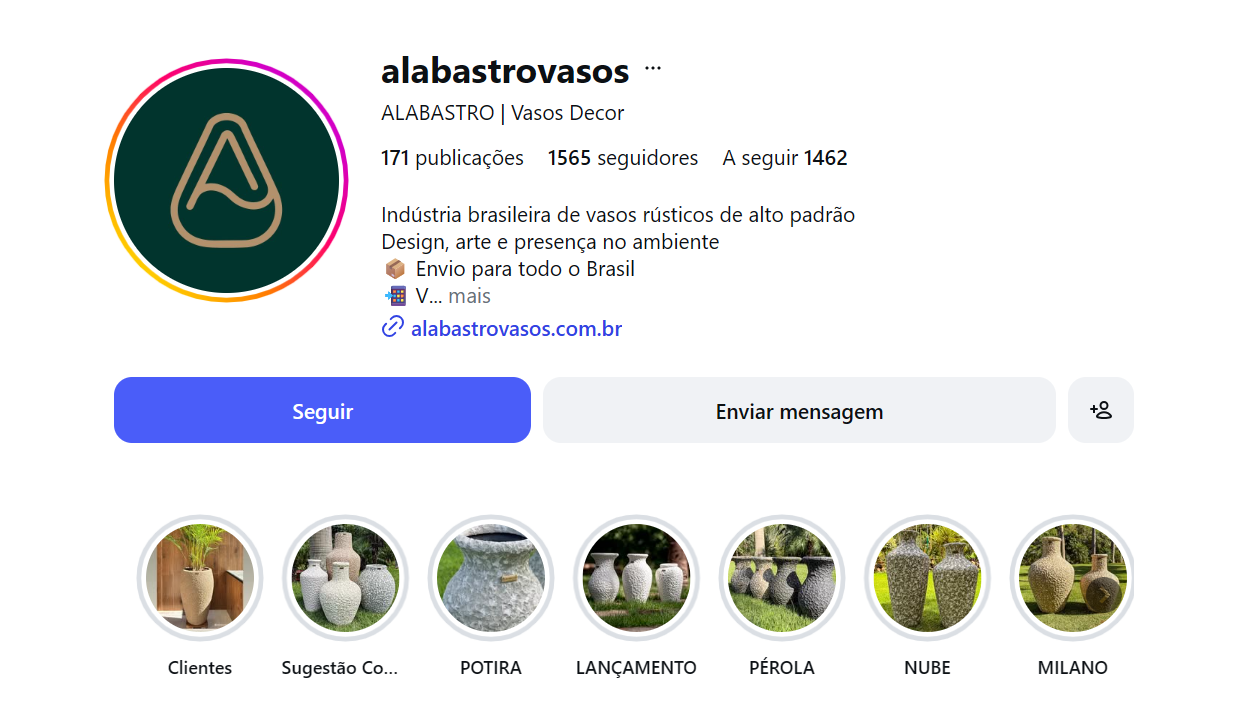 Perfil do Instagram da Alabastro Vasos com bio e destaques.